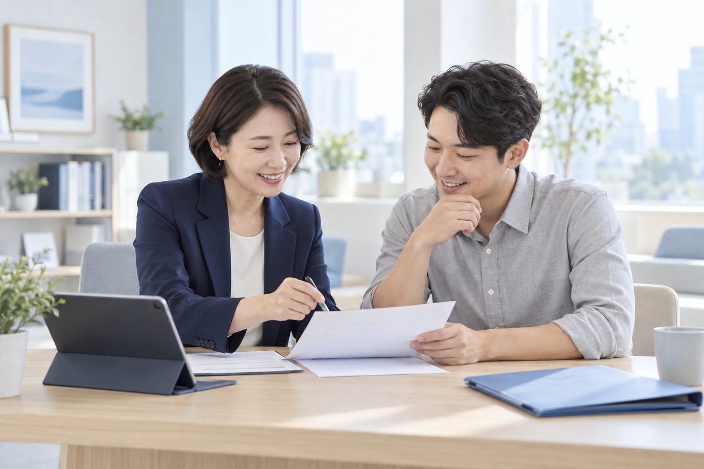 상담 자리에서 서류를 함께 검토하는 두 사람 — 신용카드단말기 가입 상담상담, 달력 이야기부터 해요. 연락 주시면 입금일을 같이 골라 드립니다.