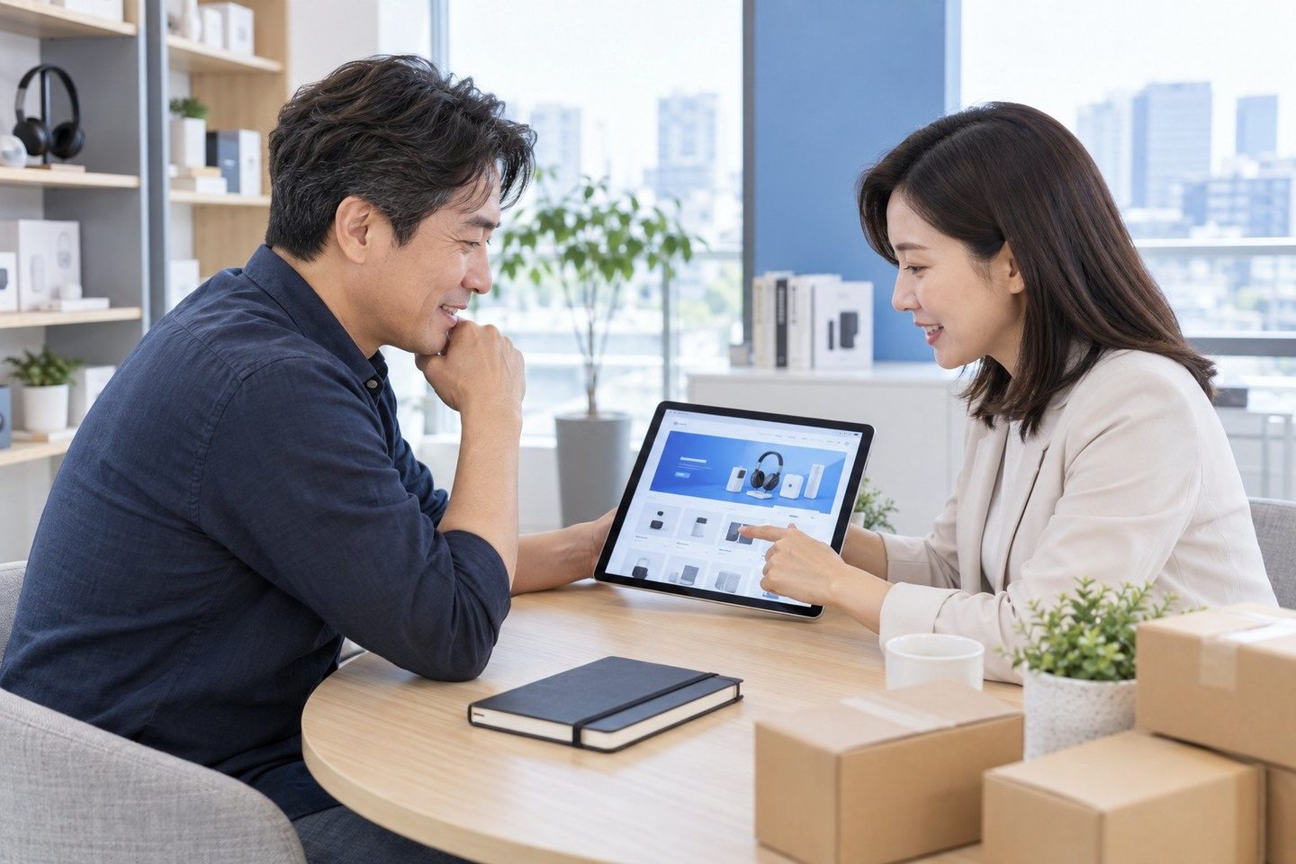 태블릿 화면과 조건을 함께 확인하는 두 사람 — 신용카드단말기 가입 개통비개통비, 0원의 금을 그어 드려요. 연락 주시면 여는 날까지 같이 잡아 드립니다.