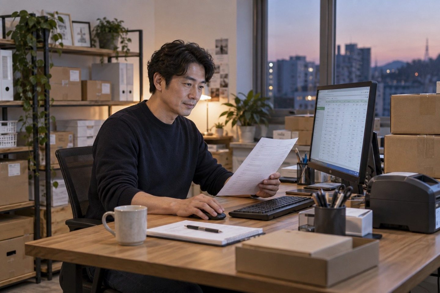 기기와 노트북으로 결제 업무를 확인하는 남성 — 신용카드단말기 가입 월세 급여일월세 급여일, 달력에 동그라미 두 개만 쳐 주세요. 연락 주시면 그 주를 같이 세어 드려요.